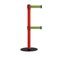 Montour Line Retractable Dbl Belt 2.5" Red Post , Low Base, 9' Olive Belt MSX630D-RD-OL-90